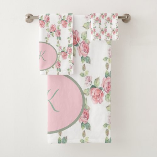 Monogrammed Shabby Chic Pink Rose Floral  Bath Towel Set