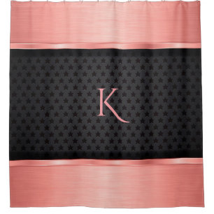 Monogrammed Shiny Rose Gold And Black Stars Shower Curtain