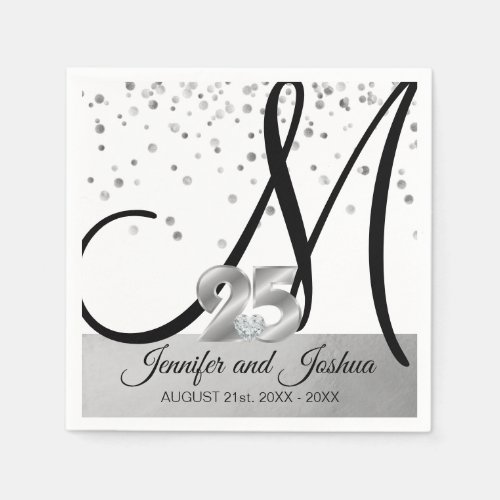 Monogrammed Silver 25th Wedding Anniversary Napkins