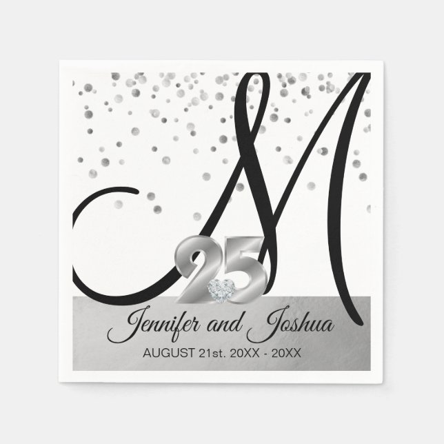 Monogrammed Silver 25th Wedding Anniversary Napkins (Front)