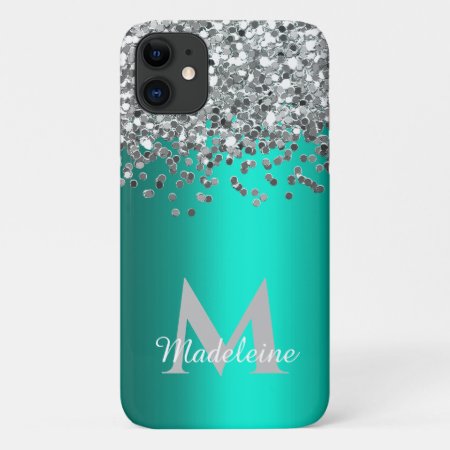Monogrammed Silver Glitter and Teal