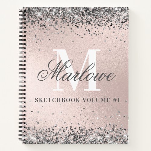 Monogrammed Silver Glitter Blush Pink Sketchbook Notebook
