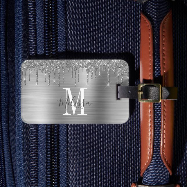 Monogrammed Silver Glitter Drip Brushed Metal Luggage Tag (Front Insitu 4)