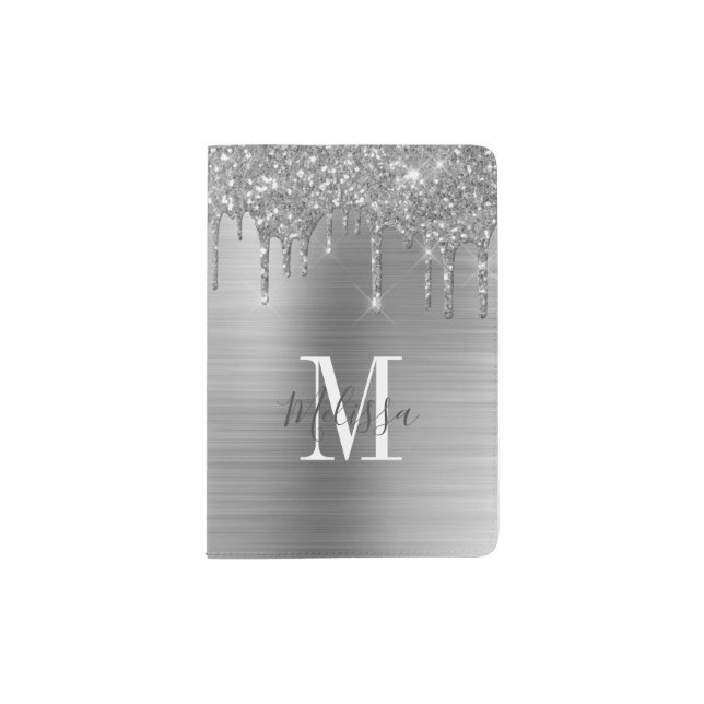 Monogrammed Silver Glitter Drip Brushed Metallic Passport Holder (Front)