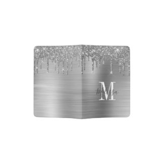 Monogrammed Silver Glitter Drip Brushed Metallic Passport Holder