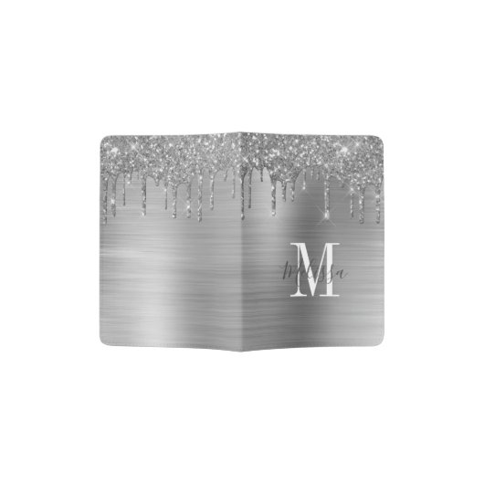 Monogrammed Silver Glitter Drip Brushed Metallic Passport Holder (Opened)