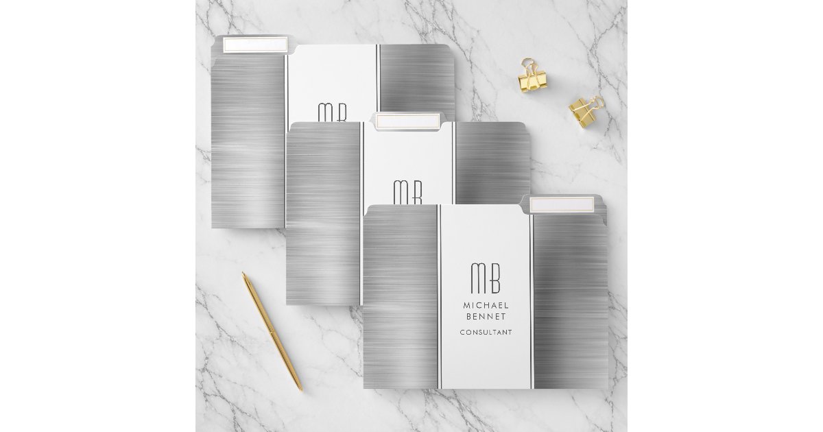 Monogrammed Silver Gray Brushed Metallic Business File Folder | Zazzle
