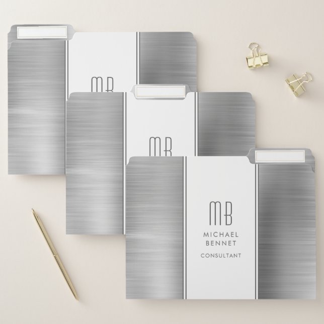 Monogrammed Silver Gray Brushed Metallic Business File Folder (Set)