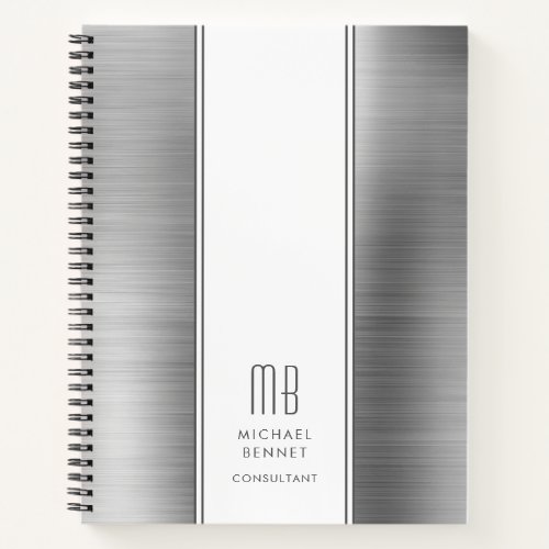 Monogrammed Silver Gray Brushed Metallic Business Notebook