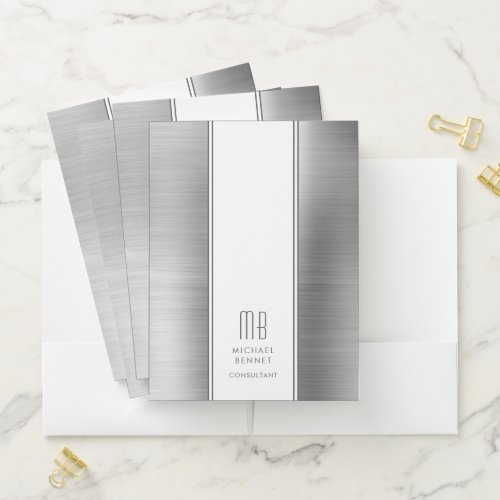 Monogrammed Silver Gray Brushed Metallic Business Pocket Folder