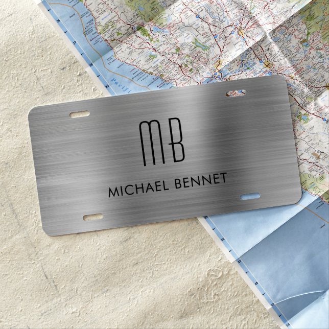 Monogrammed Silver Gray Brushed Metallic License Plate (In Situ)
