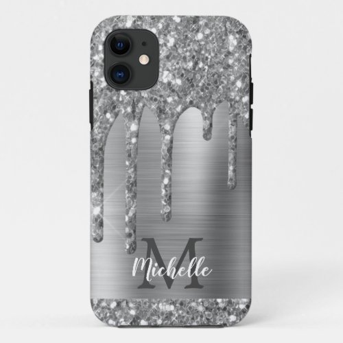 Monogrammed Silver Gray Glitter Drips Gold Metal iPhone 11 Case