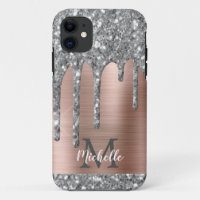 Monogrammed Silver Gray Glitter Drips Pink Metal