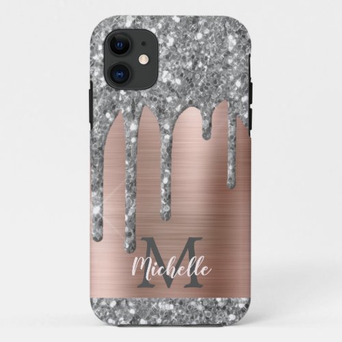 Monogrammed Silver Gray Glitter Drips Pink Metal iPhone 11 Case