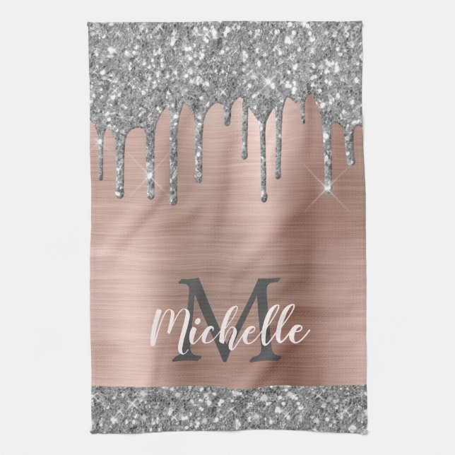 Monogrammed Silver Gray Glitter Drips Pink Metal Kitchen Towel (Vertical)