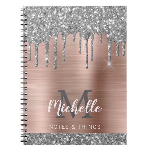 Monogrammed Silver Gray Glitter Drips Pink Metal Notebook