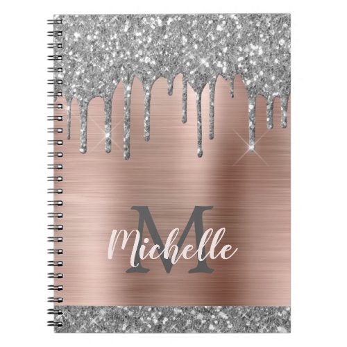 Monogrammed Silver Gray Glitter Drips Pink Metal Notebook