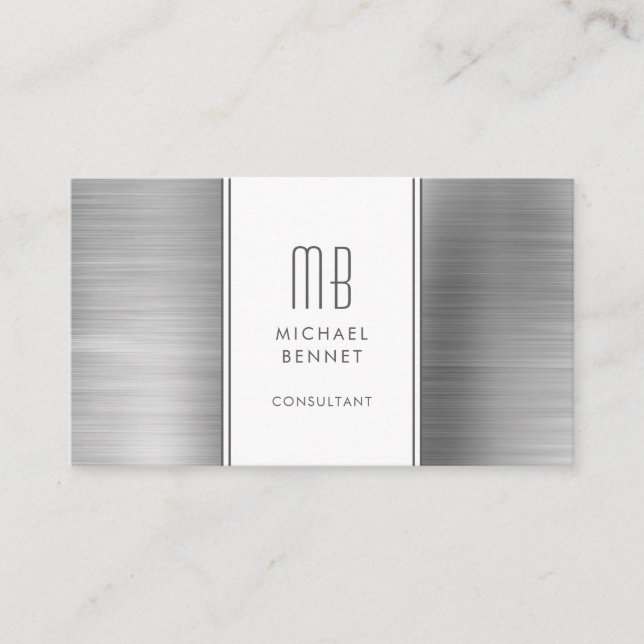 Monogrammed Silver Gray Metallic Foil Consultant Business Card (Front)