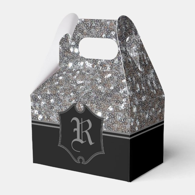 Monogrammed Silver Sparkle Faux Glitter Gable Favor Boxes (Front Side)
