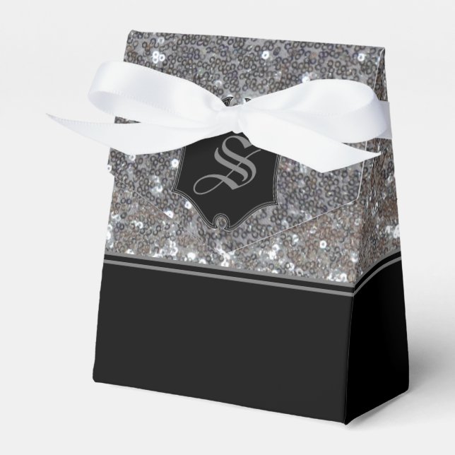 Monogrammed Silver Sparkle Faux Glitter Tent Favor Boxes (Front Side)