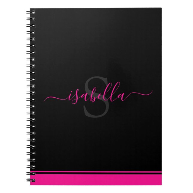 Monogrammed Simple Modern Hot Pink Black Notebook (Front)