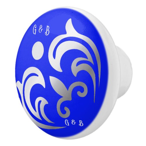 Monogrammed simple Silver on Blue  Ceramic Knob