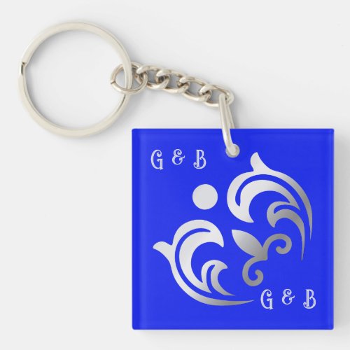Monogrammed simple Silver on Blue  Keychain