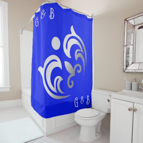 Monogrammed simple Silver on Blue  Shower Curtain