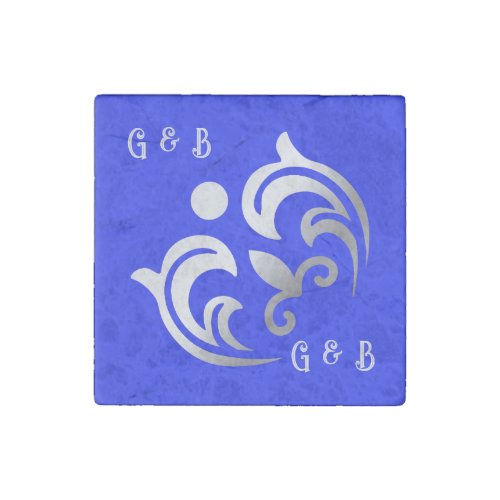 Monogrammed simple Silver on Blue  Stone Magnet