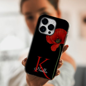 Monogrammed Single Red Poppy on Black  iPhone 13 Case
