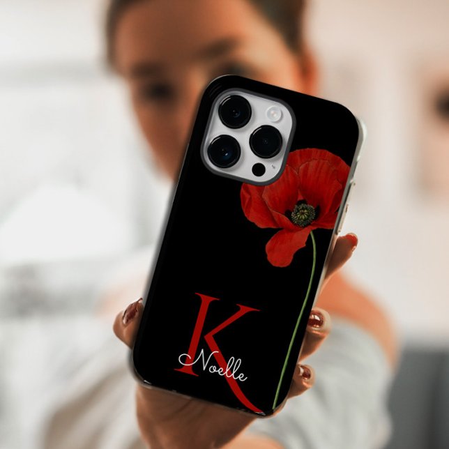 Monogrammed Single Red Poppy on Black  Case-Mate iPhone Case (Creator Uploaded)