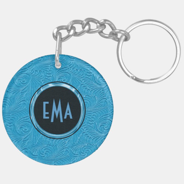 Monogrammed Sky Blue Embossed Floral Pattern Keychain (Back Left)