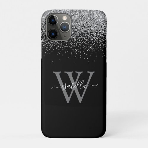 Monogrammed Sliver Black Glitter Elegant Script iPhone 11 Pro Case