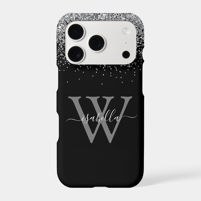 Monogrammed Sliver Black Glitter Elegant Script Iphone Case (Back)