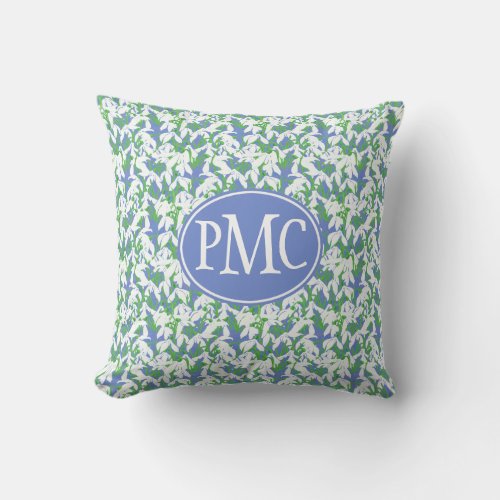 Monogrammed Snowdrops Pattern on Blue Throw Pillow