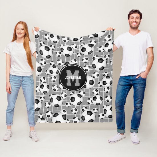 monogrammed soccer balls pattern w goal net detail fleece blanket