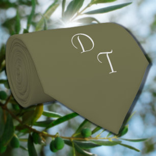 Monogrammed solid color olive green neck tie