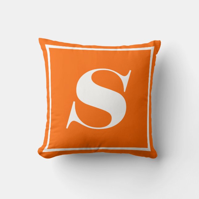 monogrammed solid orange white initial throw pillow (Front)