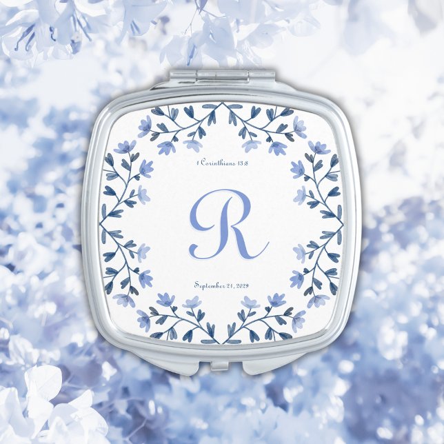 Monogrammed Something Blue Floral Scripture Gift Compact Mirror (Creator Uploaded)