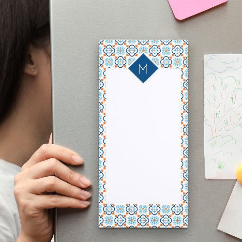 Monogrammed Spanish Tiles Blue Orange Pattern Magnetic Notepad