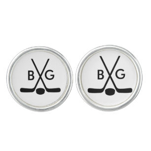 Monogrammed Sport Hockey Player Stick Puck Cufflinks