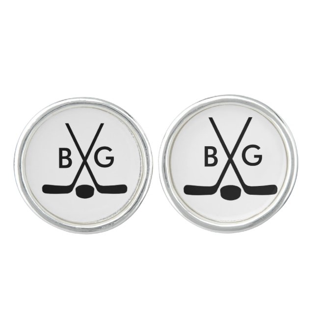 Monogrammed Sport Hockey Player Stick Puck Cufflinks (Front)
