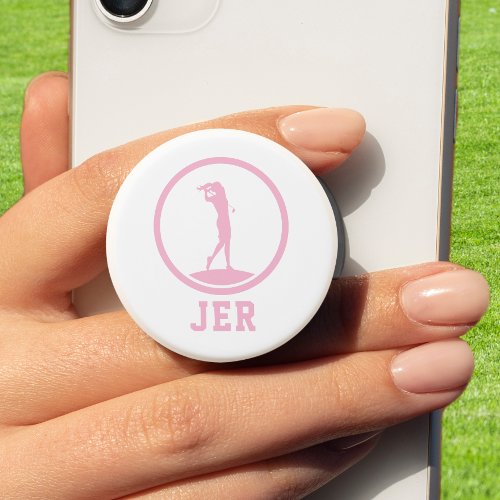 Monogrammed Sports Golfer Ladies Silhouette Pink PopSocket