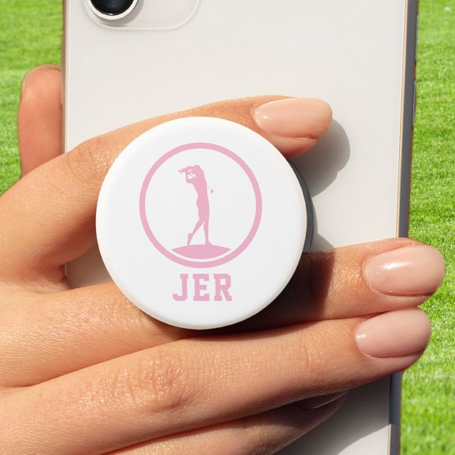 Monogrammed Sports Golfer Ladies Silhouette Pink PopSocket (Creator Uploaded)