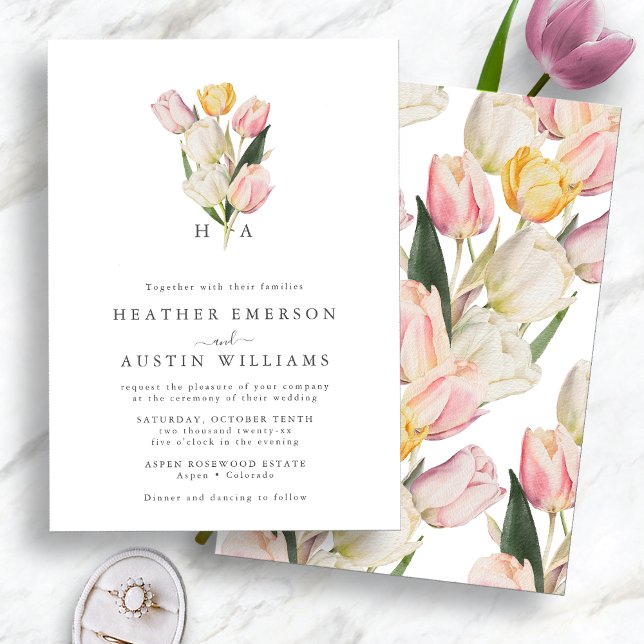 Monogrammed Spring Wedding Invitation (Elegant Watercolor Tulips Monogrammed Spring Wedding Invitation by Painted Paperie
)