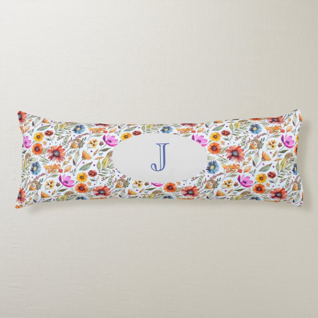 Monogrammed Spring Wildflower & Adorable Hedgehogs Body Pillow (Front)