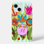 Monogrammed Spring with tulips iPhone 15 Case