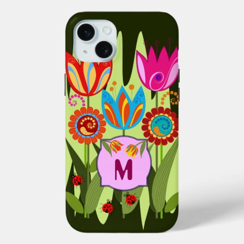 Monogrammed Spring with tulips iPhone 15 Plus Case