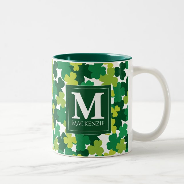 Monogrammed St. Patrick's Day Shamrocks Two-Tone Coffee Mug (Right)