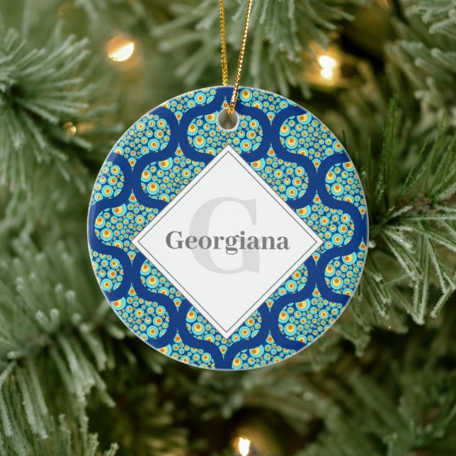 Monogrammed Starry Night On Sea Doodle Ogee Ceramic Ornament (Tree)